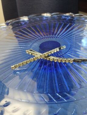 Source Unknown Gold Tone Rhinestone Cross Bobby Pins on Blue Glass